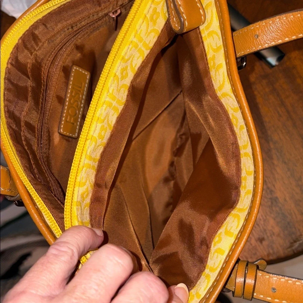 Fossil satchel Crossbody bag fabric yellow print brown leather trim 3 compart